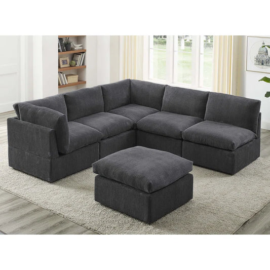 HOMEKIE 6 - Piece Corduroy Sectional, Dark Gray Corduroy