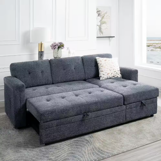 HOMEKIE 54 in. Reversible Sleeper Microfiber Rolled Arm Sectional Sofa with Storage, Gray